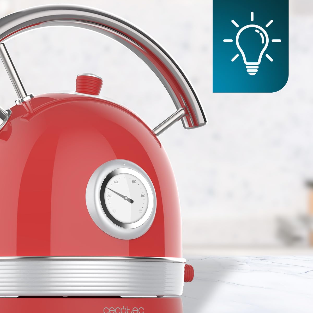 Cecotec Bollitore elettrico da 1,8 litri Thermosense 420 Vintage Light Red. 2200 W, 8 tazze da tè di capacità, misuratore di temperatura, stile vintage, base girevole a 360°, acciaio inox rosso