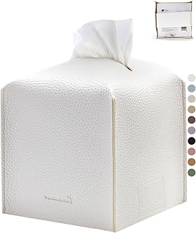 PENGLONG Tissue Box Cover 5X5X5'' PU Leather Tissue Holder Square Tissue Cube Box Organizer for Bathroom Vanity Countertop, Car, Night Stands, Office, Home, Kitchen (1Pack, White)