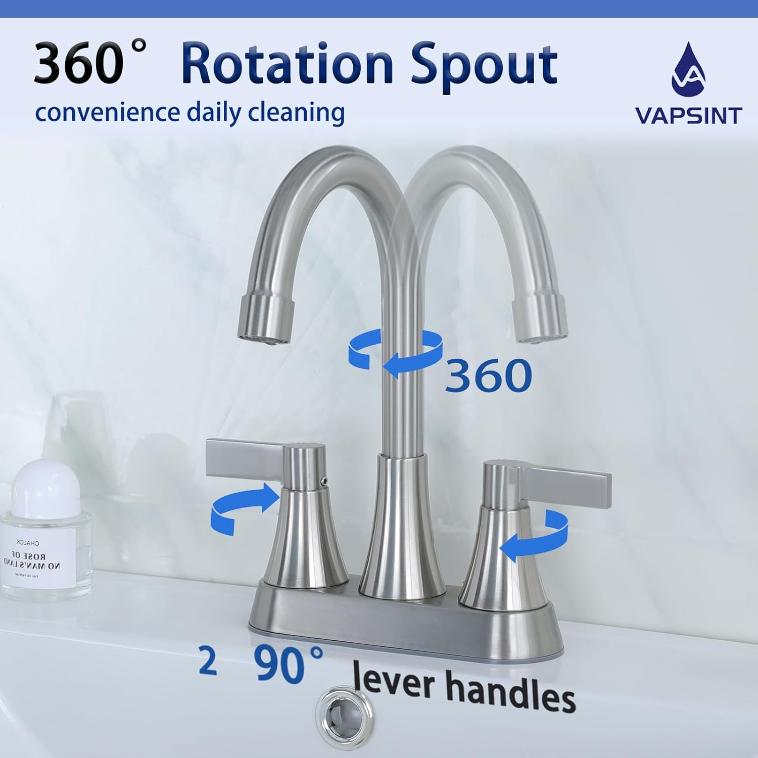 VAPSINT Brushed Nickel Bathroom Faucet 3 Hole, 4 Inch Centerset Bathroom Faucet with Pop-up Drain and 2 Supply Hoses, 2 Handle Stainless Steel Vanity Faucet for Vanity Lavatory RV, VA-YH-SBS002L-3