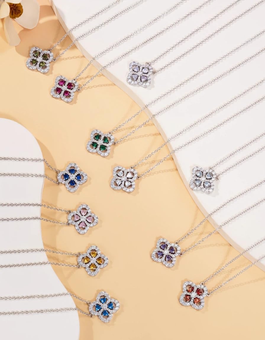 Valentine Necklace Gift for Her, 18K White Gold Plated Four Leaf Clover Lucky Charm 925 Silver Heart Birthstone Pendant, Protection Jewelry Birthday Friendship Saint Patrick Day Gift for Wife Daughter - Image 7