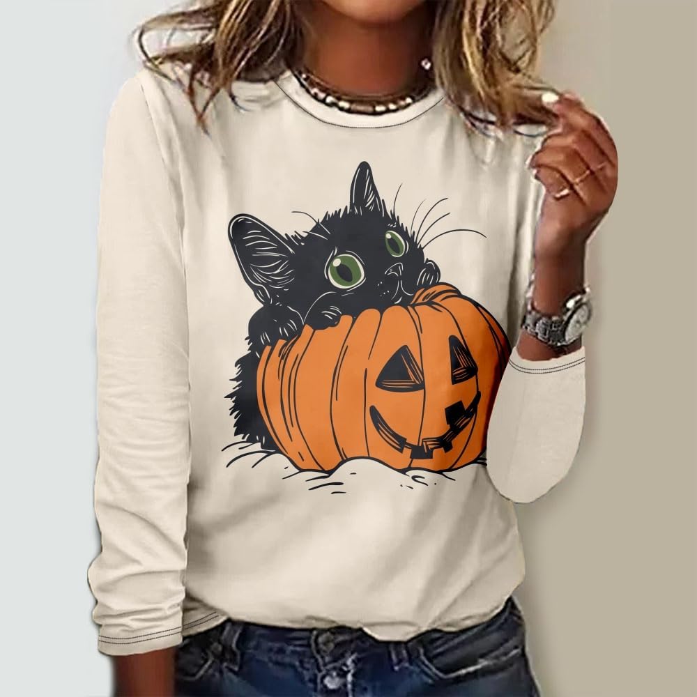HOTYD Womens Long Sleeve Halloween Shirts Black Cat Print Casual Graphic Tees Crew Neck Loose Fit Fall Pullover Tunic Tops - Image 2