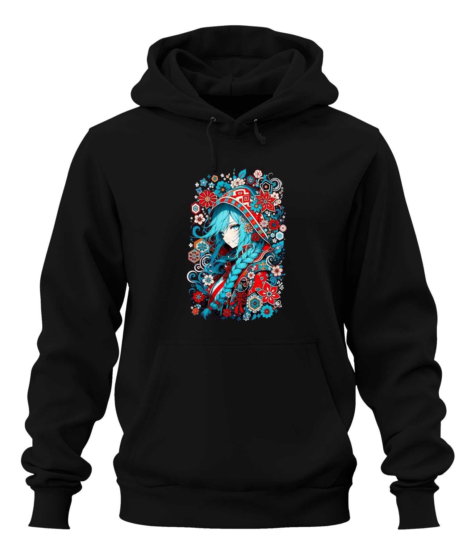 Anime dziewczęca niebieskie włosy Japonia Y2K bluza z kapturem, czarna, XXL | Aesthetic warkocz kwiaty tradycyjny Cosplay fantazja prezent dla geek kolorowy portret folkloru