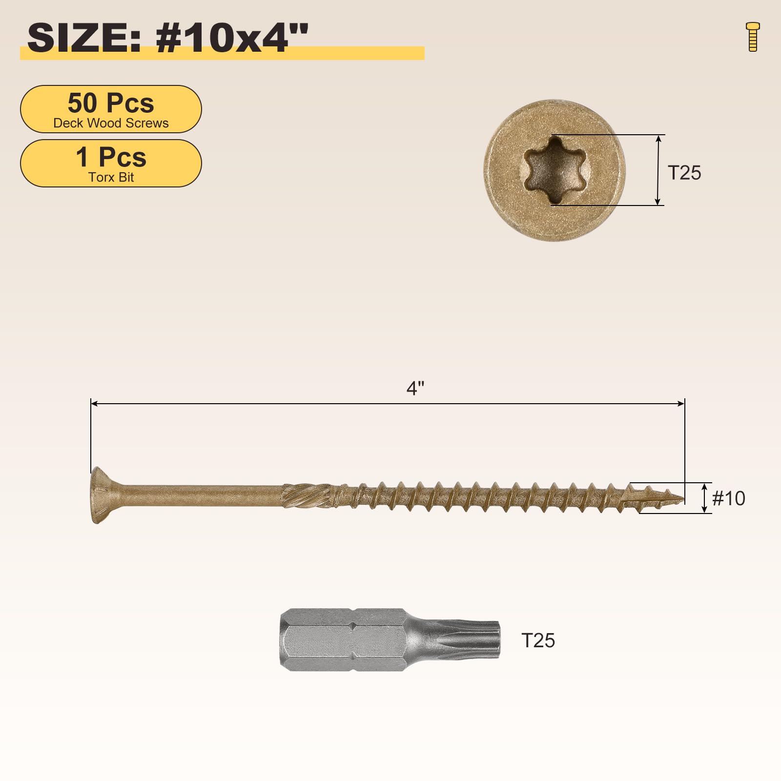 METALLIXITY Deck Screws (#10x4") 50Pcs, Carbon Steel Wood Screw Decking Screws Epoxy Coated with T25 Torx Drive Head - Image 2