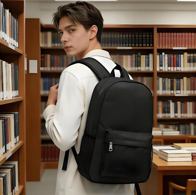 Mochila preta clássica, design de grande capacidade, estilo casual de viagem.