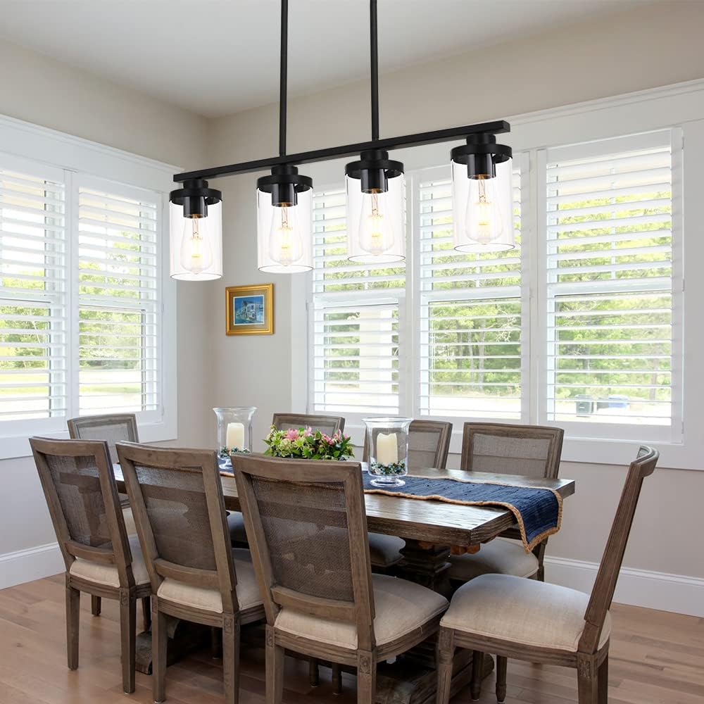 Kitchen Island Pendant Light,4-Light Dining Room Light Fixtures Over Table Vintage Black Flush Mount Ceiling Hanging Lighting with Glass Shade for Kitchen Island Dining Living Room