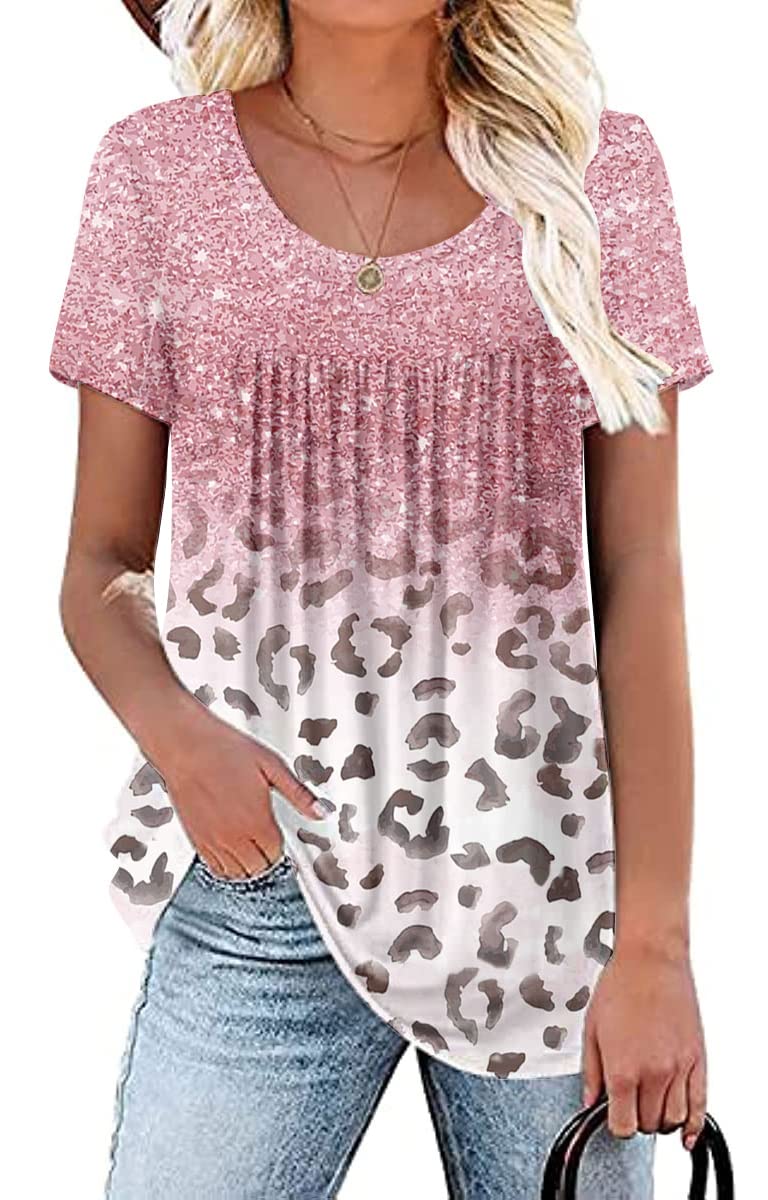 Women's Summer Short Sleeve Tunic Plus size ladies shirts Floral Blouse Loose Flowy Tops for Leggings M-4XL