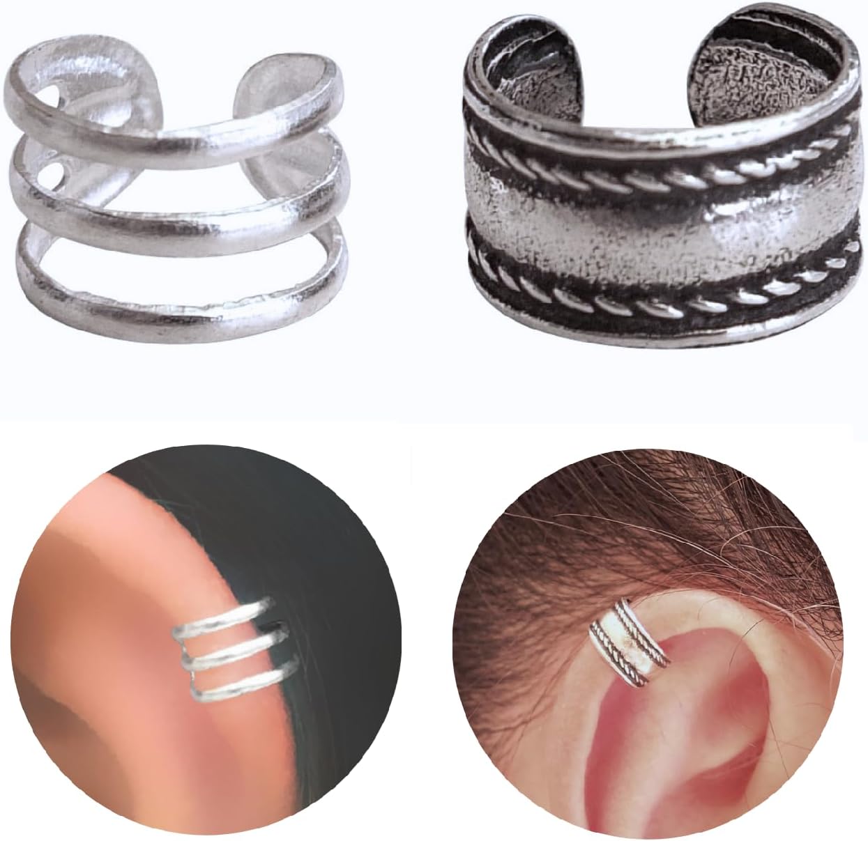Handmade Silver 2Pcs Ear Cuffs Non-Piercing Earrings, 925 Sterling Silver, Fake Cartilage Helix Non-Pierced Ear Clip on for Women, Tiny Triple Band & Wide Band Ear Wraps, By Miya Jewelry - Image 8