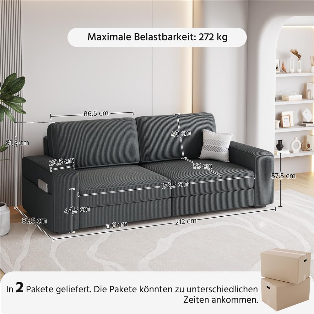 Yaheetech Sofa 212 x 83,5 cm Polstersofa aus Cordstoff mit Abnehmbare Kissen und Rückenlehnen Couch mit Breite Armlehnen für Wohnzimmer/Schlafzimmer Dunkelgrau