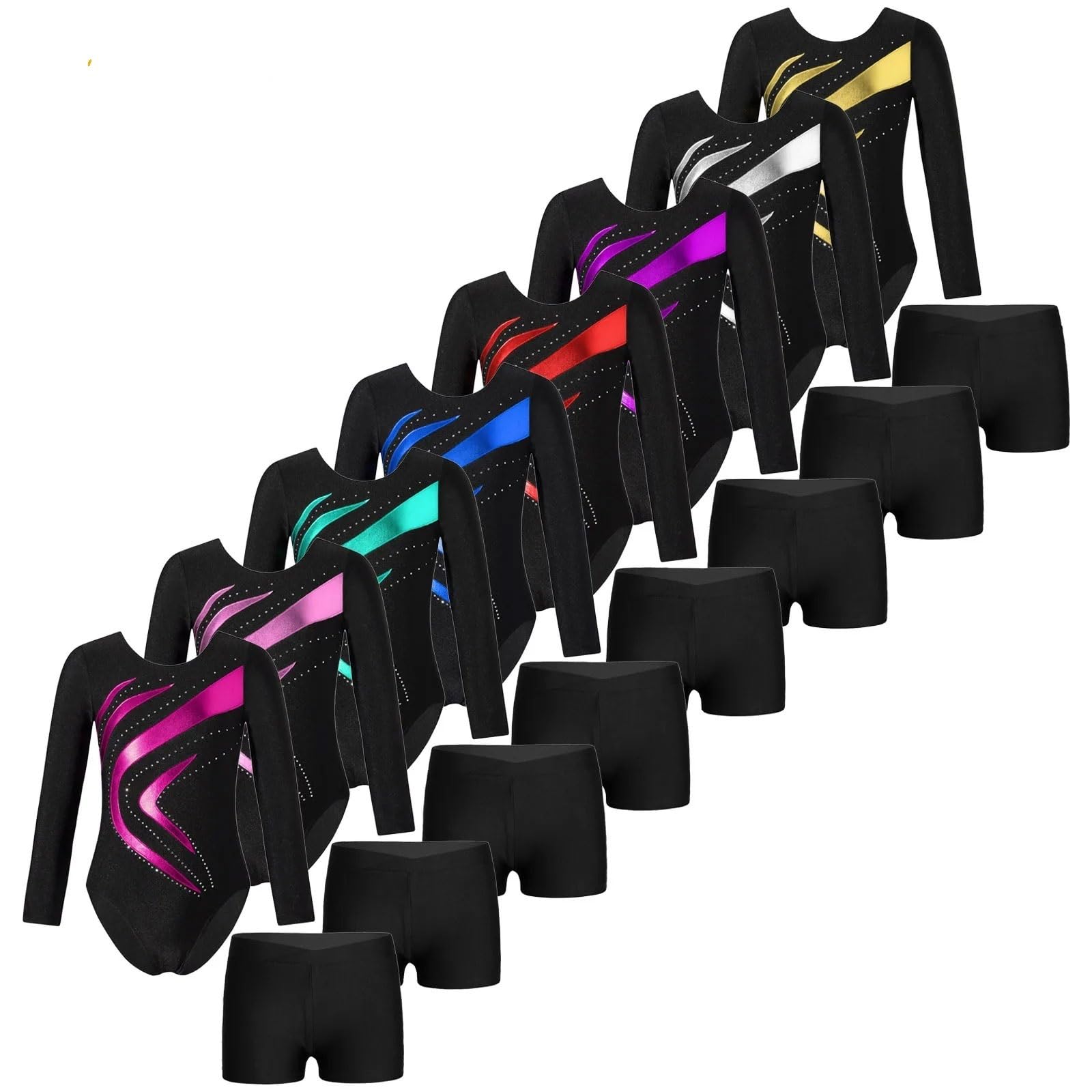 Malla de gimnasia de manga larga for niñas, mono de retazos con brillantes diamantes de imitación y pantalones cortos, disfraz de competición de baile Para las bailarinas