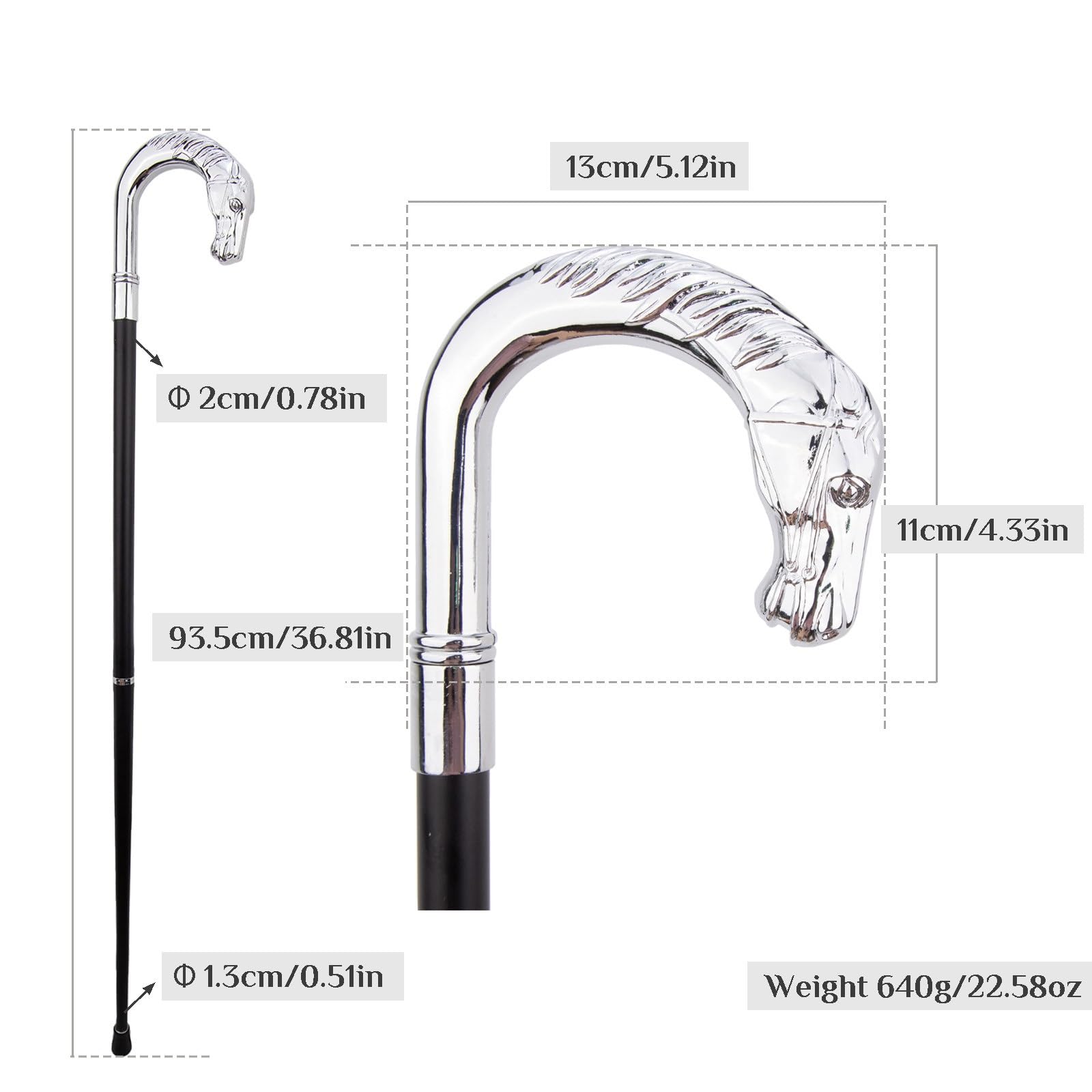 Bastón con Empuñadura en Forma de Cabeza Caballo Plateada, Senderismo Metal Lujo Estilo Británico, Decorativo Elegante y Original para Caballeros