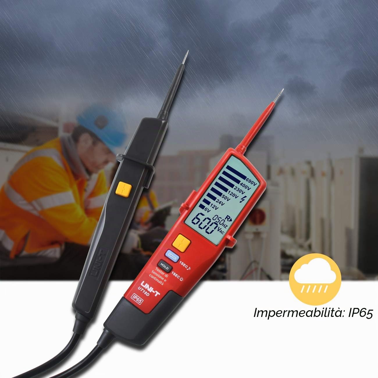 UNI-T UT18D Tester di Tensione e Continuità Impermeabile Tester Automatico della Tensione della Gamma con Prova RCD e Rotazione di Fase, Illuminazione Incorporata