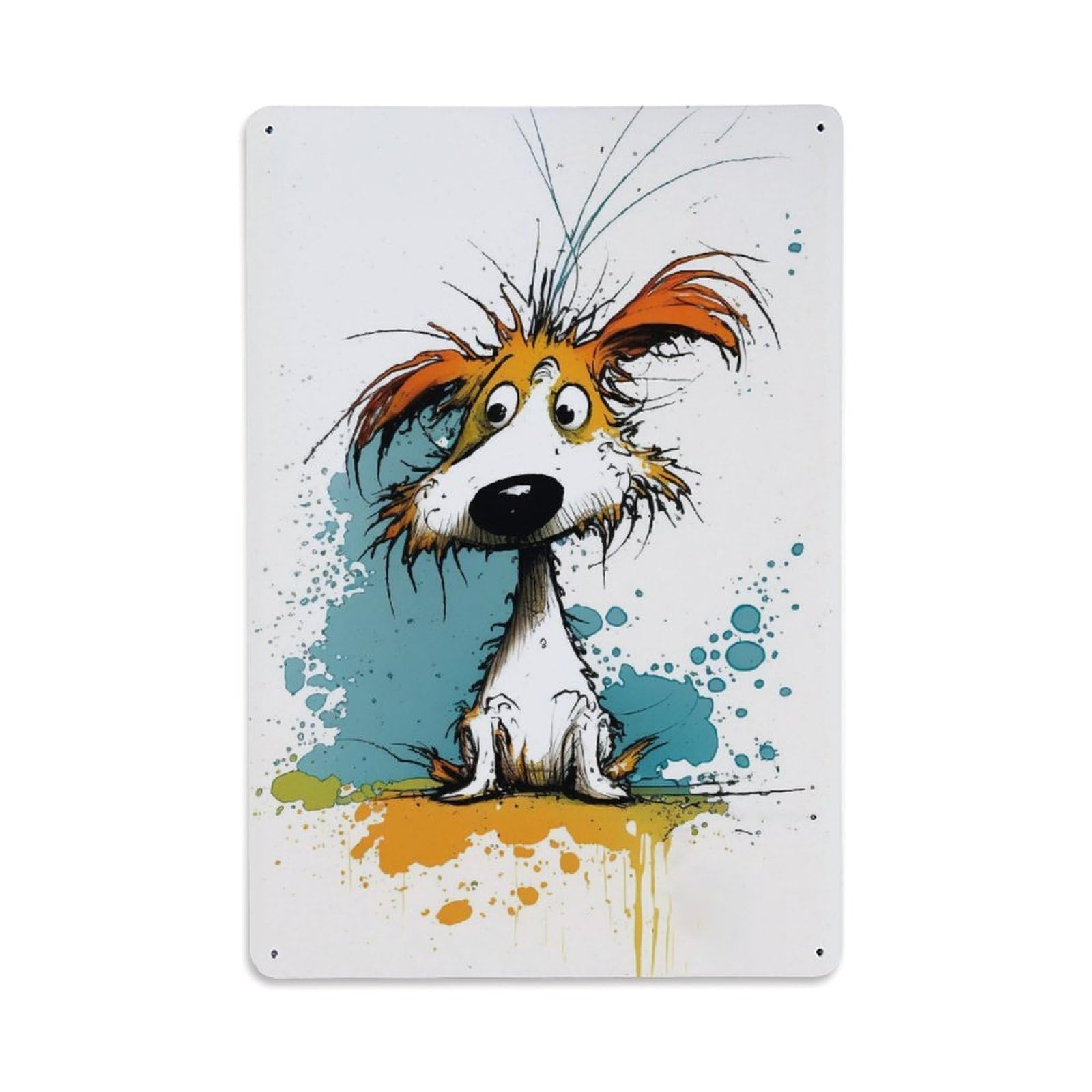 Cartoon Puppy Doodle Splatter Habitat Wildlife Cute Animal Metal Tin Sign Plaque Wall Decor for Cafe, Man Cave, Club Bar, Office, Home Garden Round Metal Poster 8x12Inch