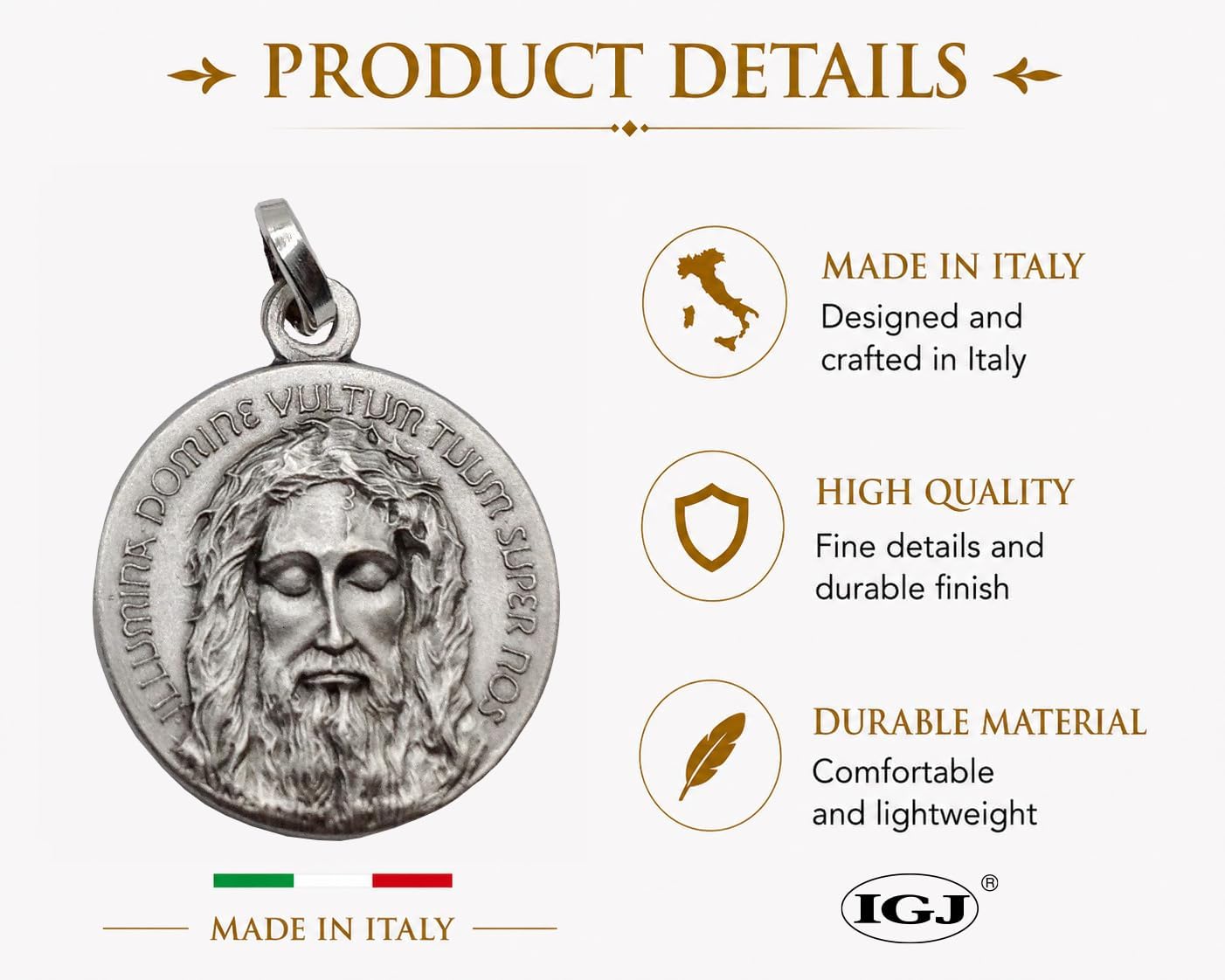 I G J The Holy Face Shroud of Jesus Christ Medal - Real Italian Masterpiece
