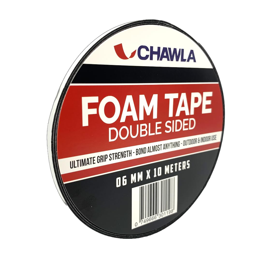 CHAWLA | Double Sided Foam Tape Roll | Sponge Tape | Ideal for Mounting Cars, Trims, and More - Black 10 Meters (6mm x 10 meters)
