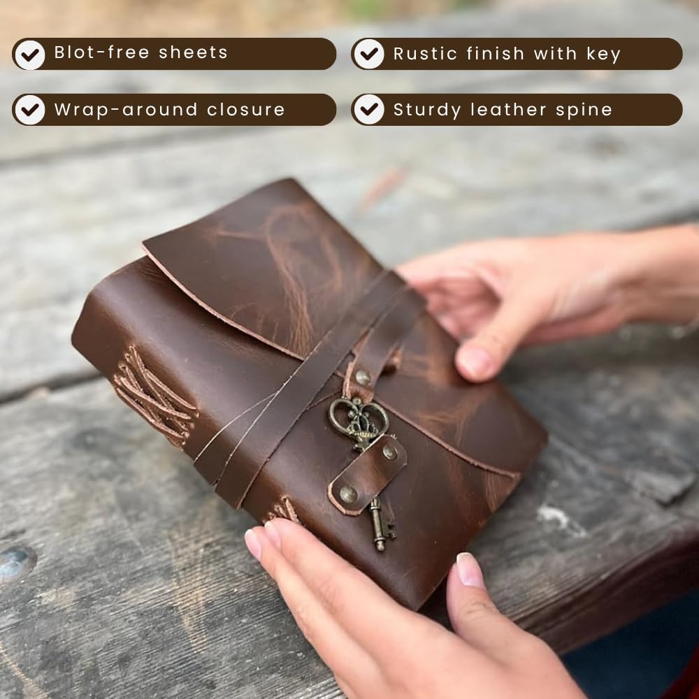 Diario de cuero vintage con llave, 5 x 7 pulgadas, 100 páginas para escribir, cuaderno encuadernado en cuero hecho a mano para escribir, dibujar y viajar, ideal para hombres y mujeres