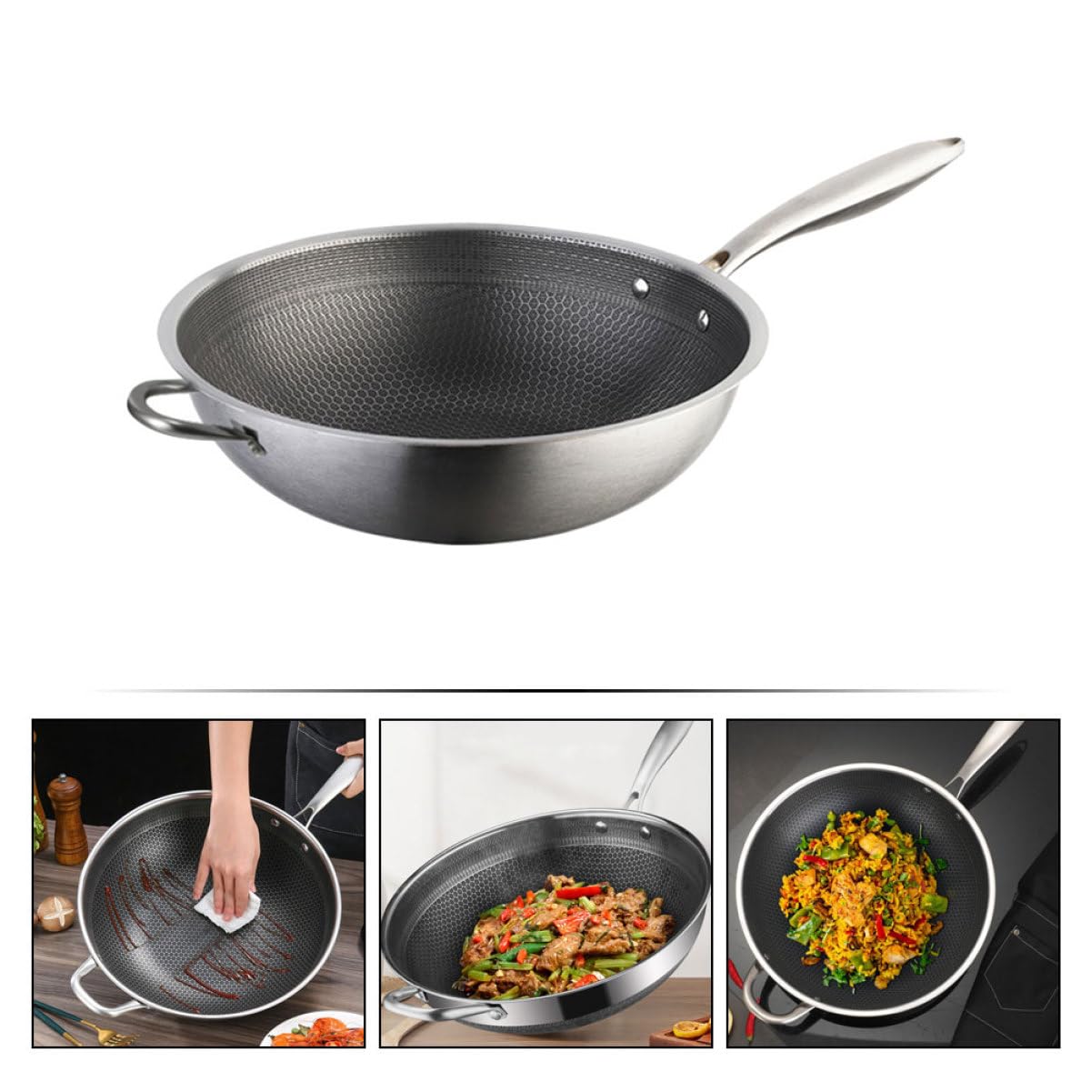 DECHOUS Wok de Acero Inoxidable 32 CM Estructura de Panal Antiadherente Doble Mango Ergonómico Apto para Cocina de Inducción Estufa Eléctrica Gas Sartén Wok Multifuncional para Freír