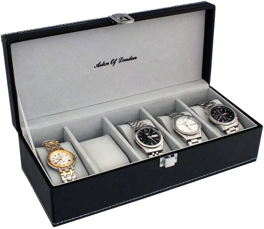 Gents Black Leather 5 Watch Box Organiser Storage Case with Grey Interior