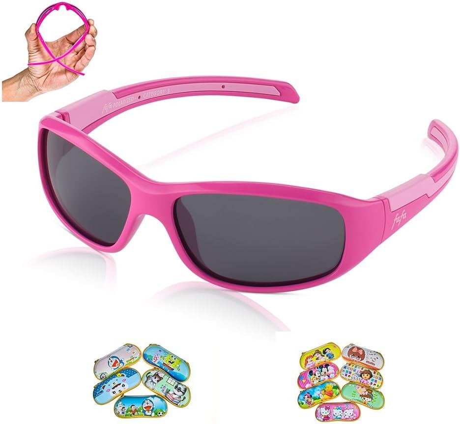 TAC Polarized Sunglasses Sports Glasses for Kids Boys and Girls Ages 3-8 Rose red and Pink with Cartoon Case - Grey Lenses