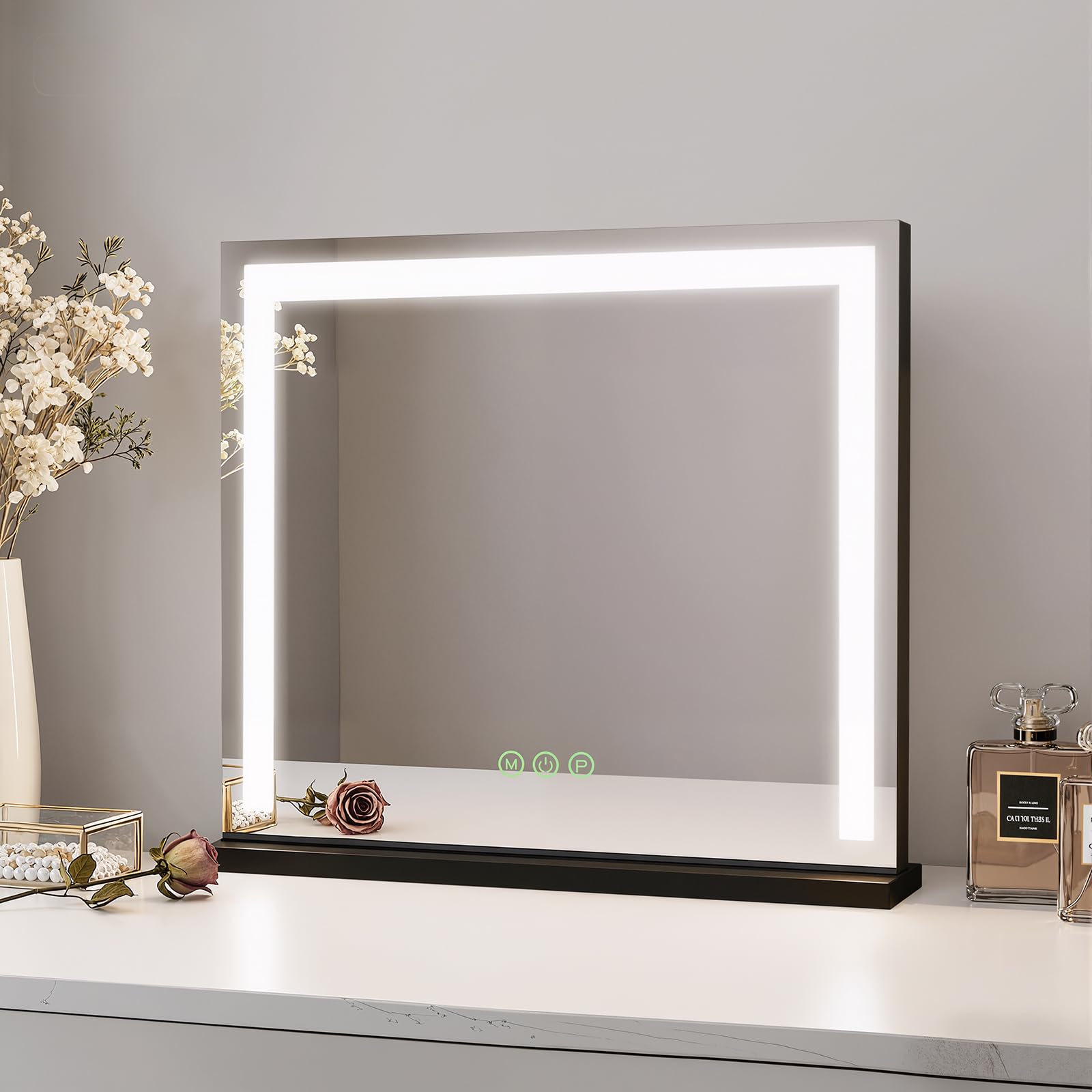 Heilmetz Miroir Coiffeuse LED 50x42cm Noir, Mirroir Maquillage Lumineux Hollywood avec 3 Températures de Couleur, Dimmable, Touche Tactile