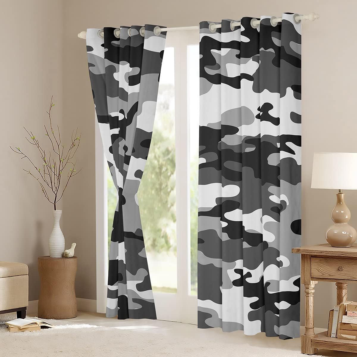 Feelyou Boys Army Camouflage Window Curtains for Bedroom Living Room Teens Camo Curtains Kids Girls Adults Geometric Art Decor Window Drapes Black Grey Window Treatments,42 X 63 Inches,2 Panels