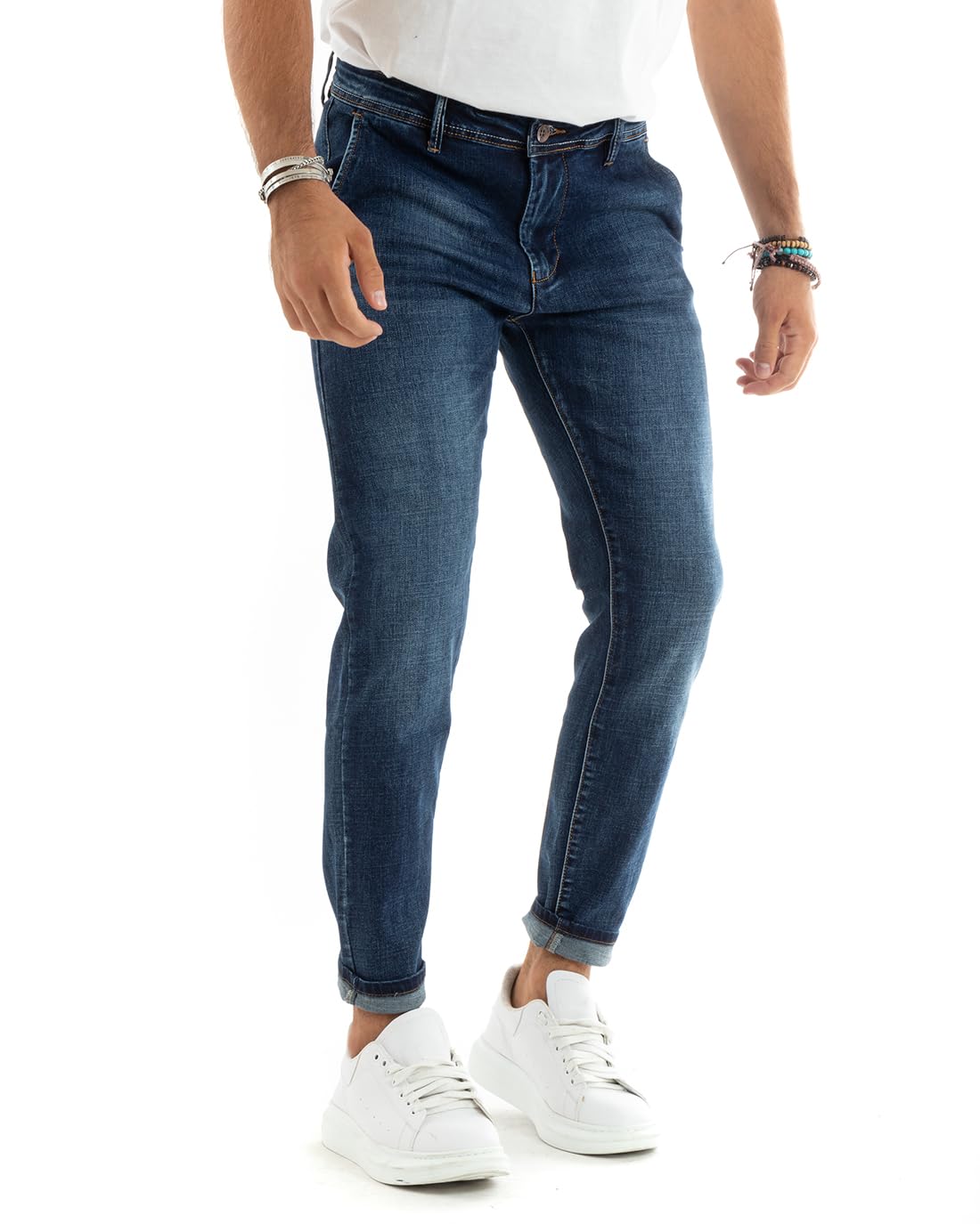 Pantaloni Uomo Jeans Tasche Skinny Slim Fit Denim Stone Washed