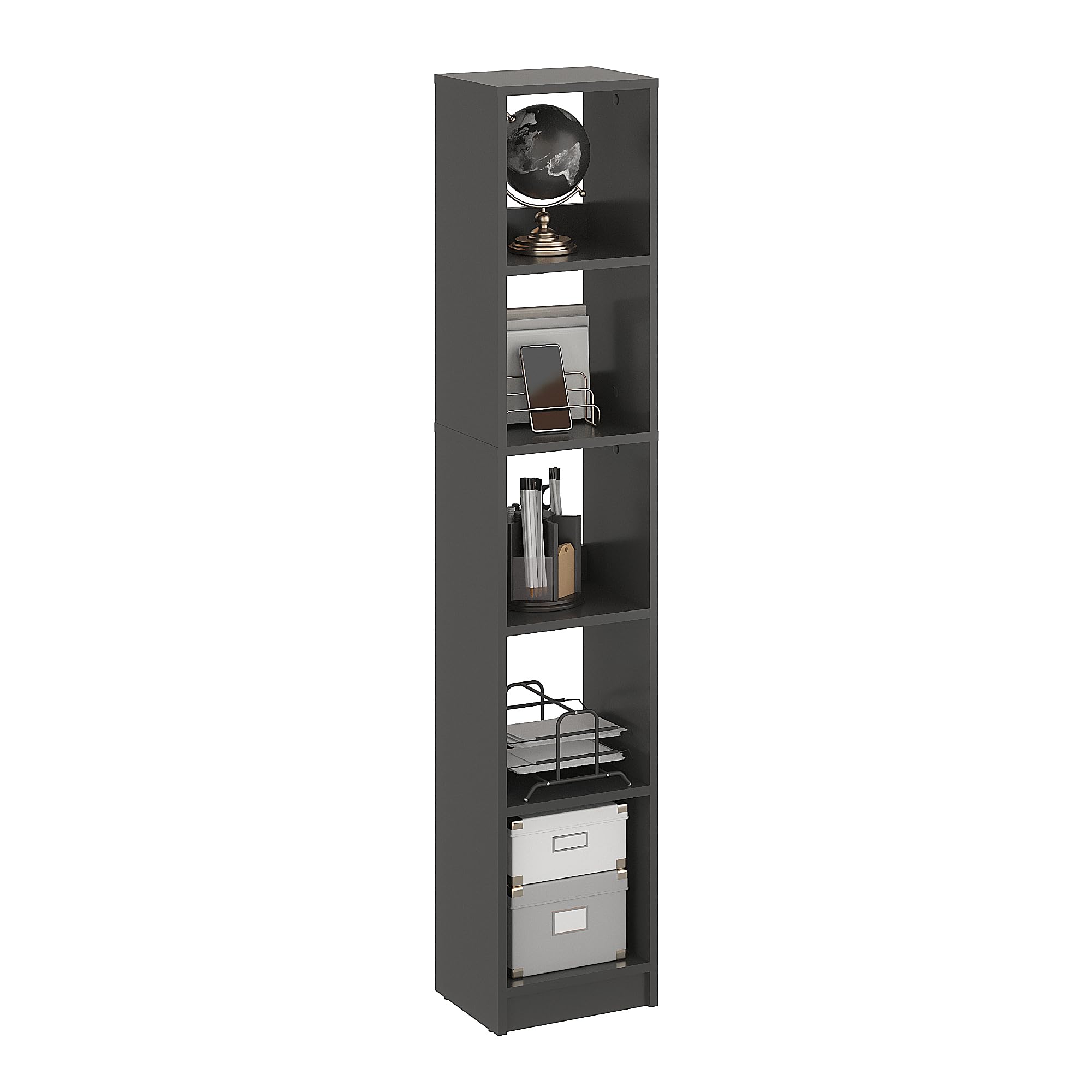 Komto Tall Bookcase Anthracite – Narrow Book Shelf 30 cm Wide, 5 Tier Bookshelf, Slim Cube Storage Unit | LAKO 156 x 30 x 24 cm