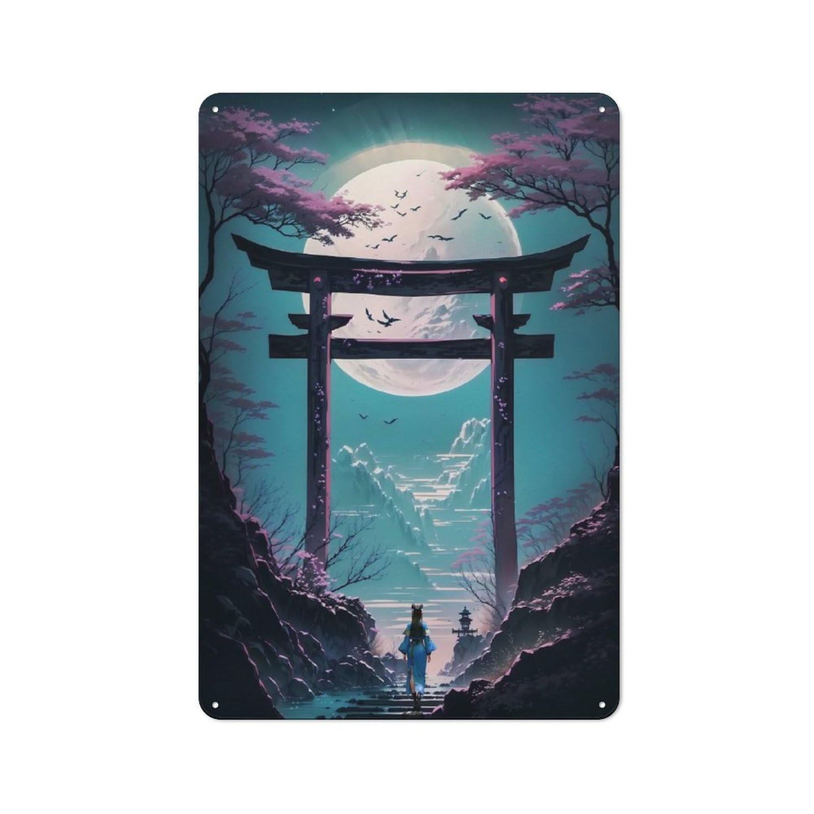 Junmoney Geisha Moonlit Torii 30X20cm Retro Tin Sign With For Dining Room Or Kitchen, For Metal Sign Collectors, For Garage And Workshop Walls