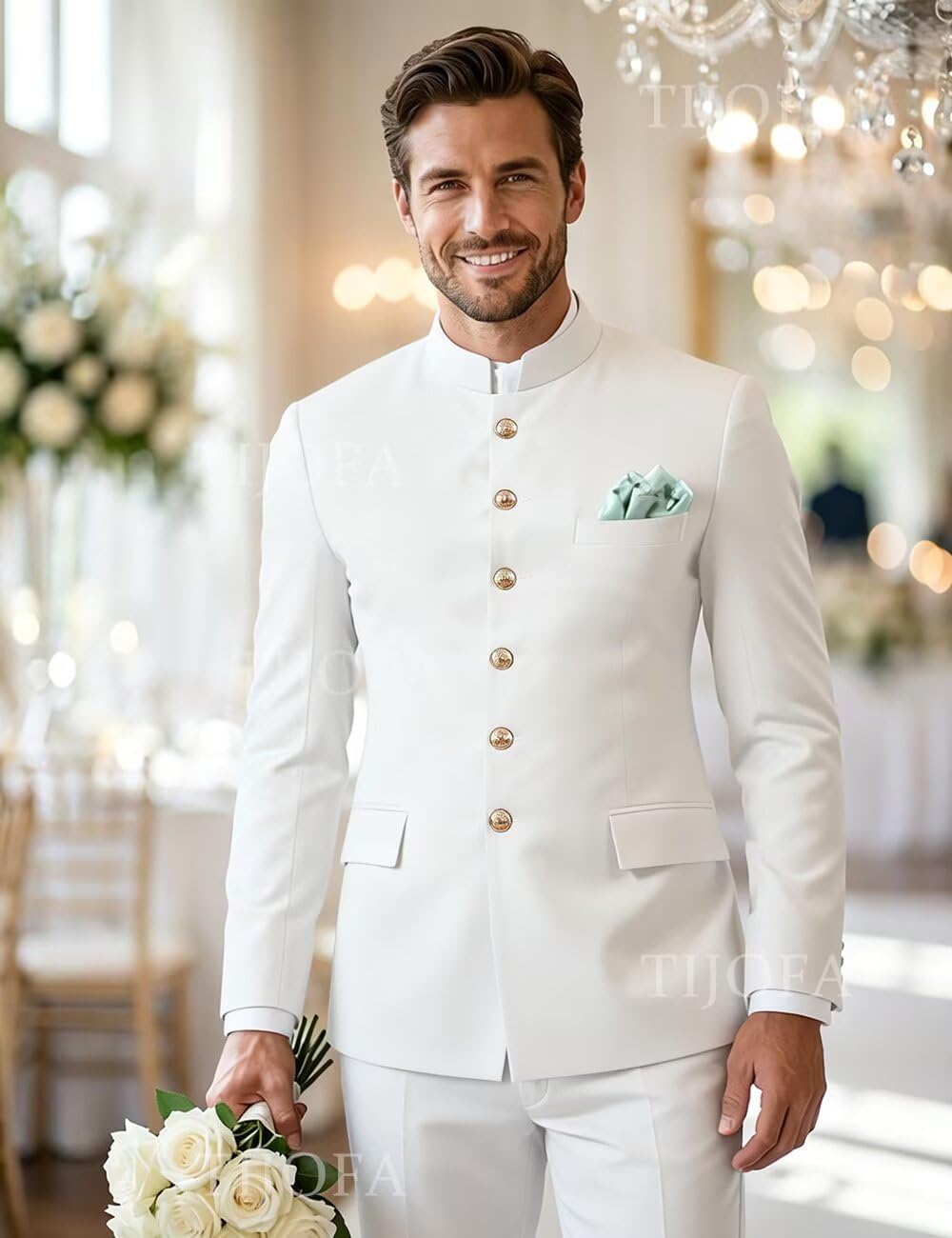 Men's Chinese Tunic Suit Mandarin Collar 2 Piece Slim Fit Traditional Uniform Groom Wedding Blazer Pant Set