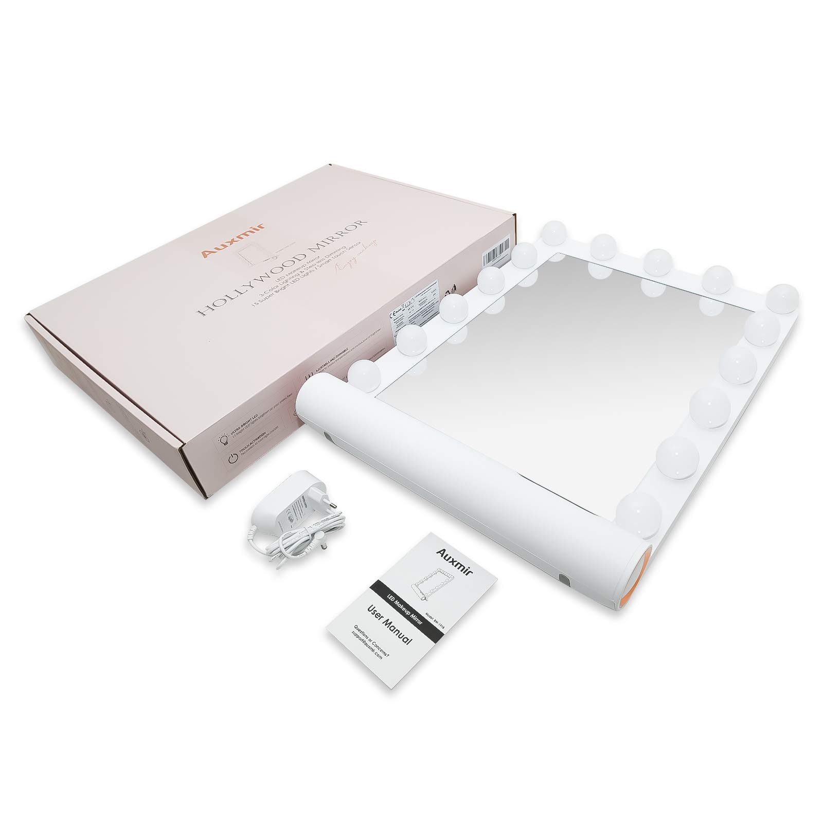 Auxmir Hollywood Schminkspiegel mit Beleuchtung, 15 dimmbare LED, 3 Lichtmodi Touch Control, Tischplatte oder Wandhalterung, Tischspiegel für Schlafzimmer, Schminktisch, Ankleidezimmer & Studio, Weiß