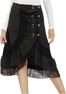 Sanahy Women's Punk Midi Skirt High Waist Lace Irregular Wrap Ruffle Hem Flared A Line Casual Skirt Streetwear