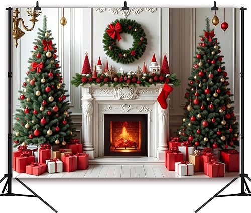 Miniatura 3 de CapiSco Telón de fondo de chimenea de Navidad de 7 x 5 pies, calcetines de árboles de Navidad, cajas de regalo, fondo de fotografía para Navidad,