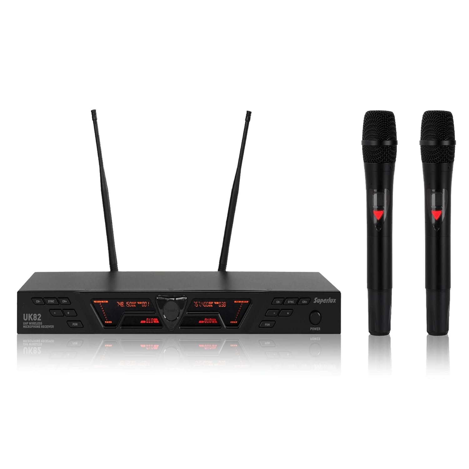 Superlux UK82 Dual-Channel UHF Wireless Microphone System, featuring the receiver unit with two antennas and two handheld microphones.