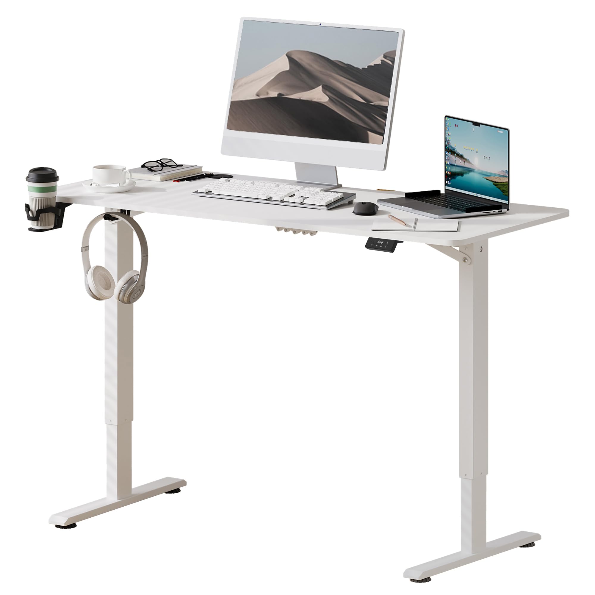 SANODESK 110x60cm Escritorio de Elevable Eléctrico con UN Tablero Entero Mesa de elevable Standing Desk Escritorio en Altura Mesa Escritorio con Gancho, Función de Memoria para Oficina y Hogar-Blanco