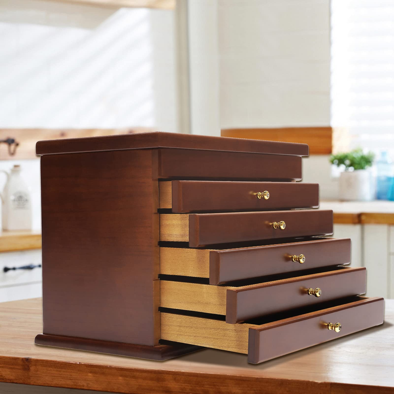 6 Layers Jewelry Box Wooden Jewelry Box organizer / pudełko na kolekcję dla kobiet, szkatułka na biżuterię, gumowa wyściółka i wyściółka ochronna, na kolczyki, bransoletki, naszyjniki