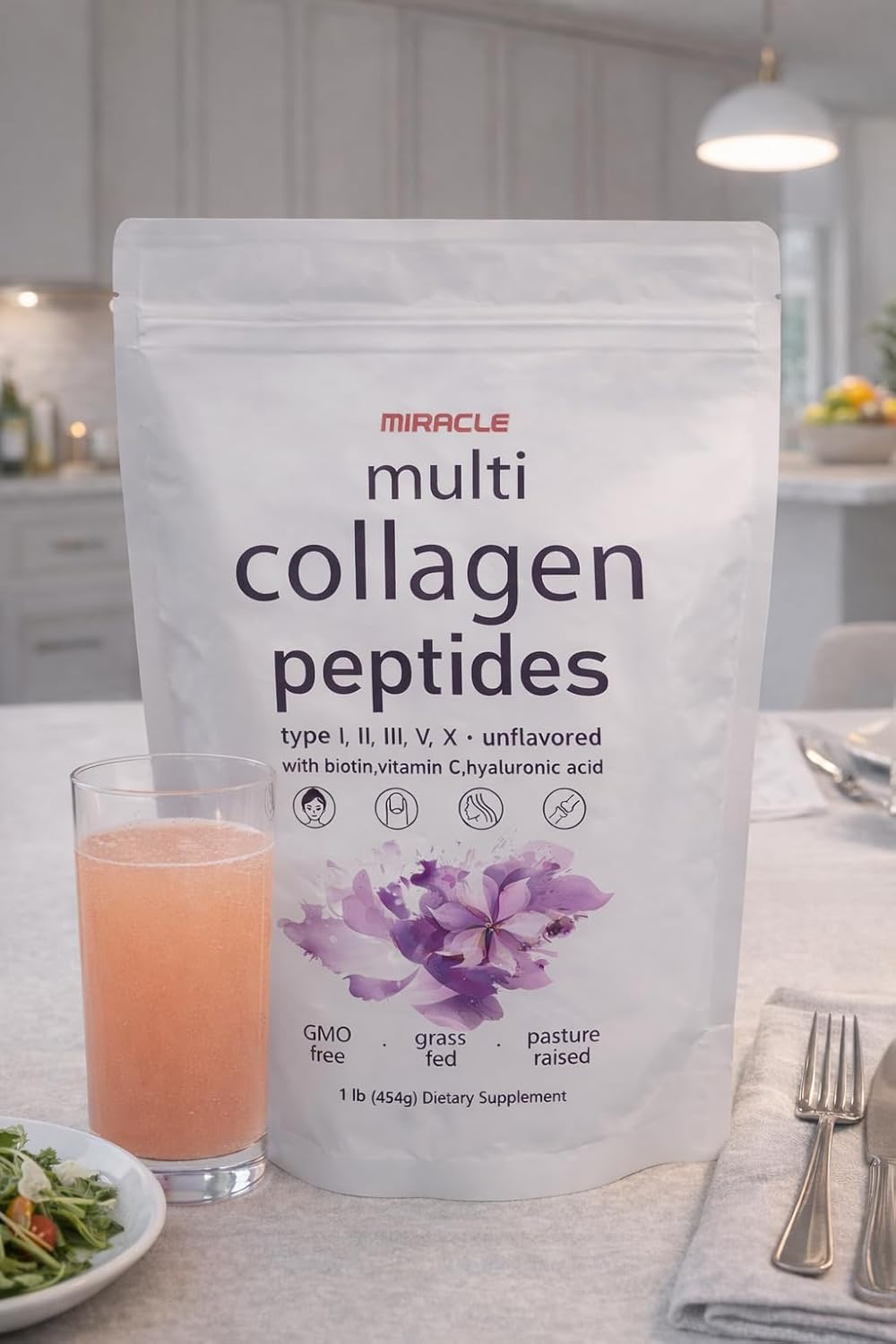 Miracle Multi Collagen Protein Powder, 1 Pound – Types I, II, III, V, X with Biotin, Hyaluronic Acid, Vitamin C – Unflavored Collagen Peptides – Keto & Paleo