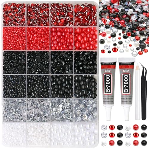 Image of RODAKY 9000PCS Rhinestone Pearls for Bedazzling Red Black White Flatback Gems Half Pearls for Crafting Diamond Making Kit Clothing Shoes Nail Decor with Tweezer Pickup Pen