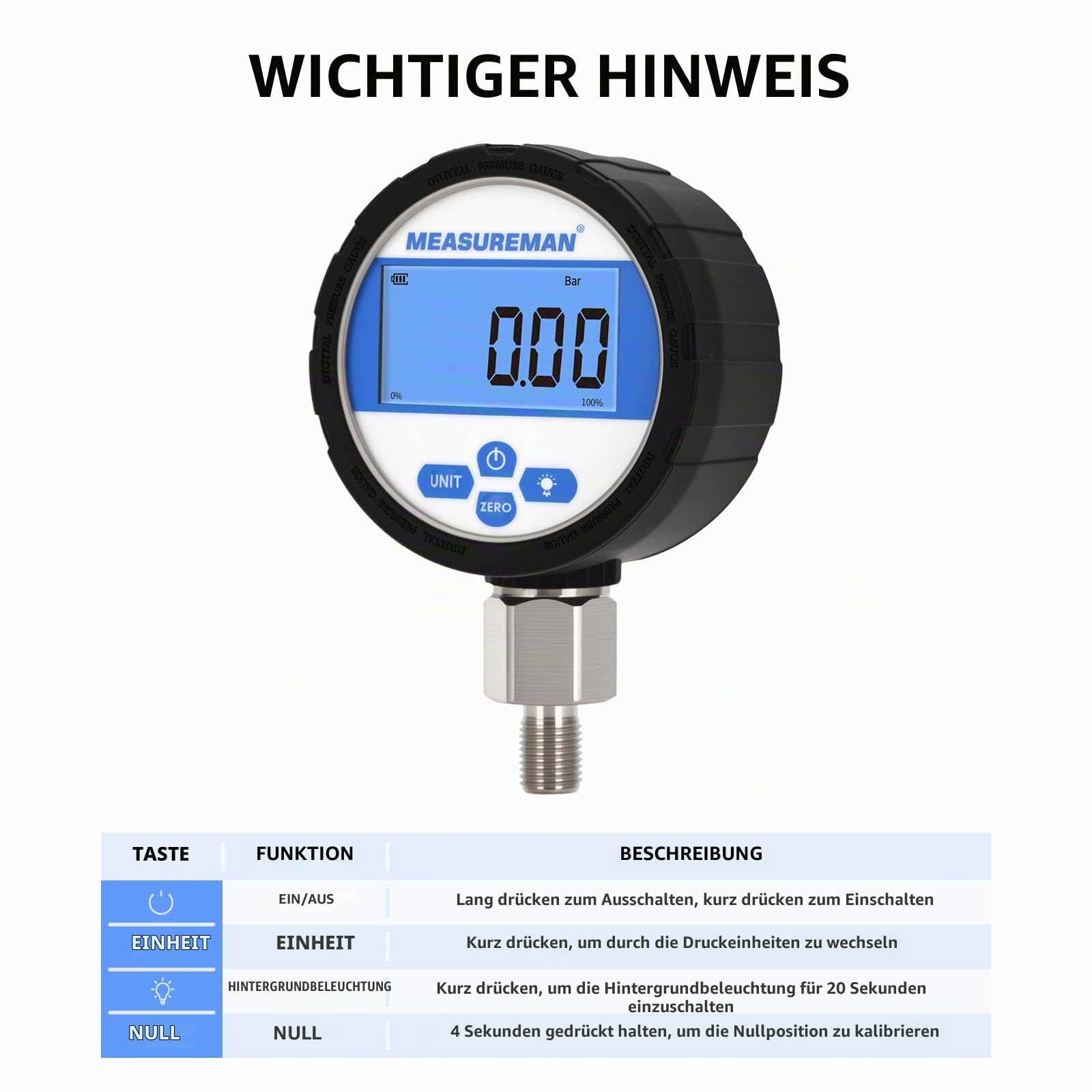 Digitales industrielles Druckmessgerät 80mm Zifferblatt G1/4 Unterhalter, Edelstahlgehäuse und Verbindung, 0-10BAR, 0,4% Genauigkeit, batteriebetrieben, mit LED Licht.