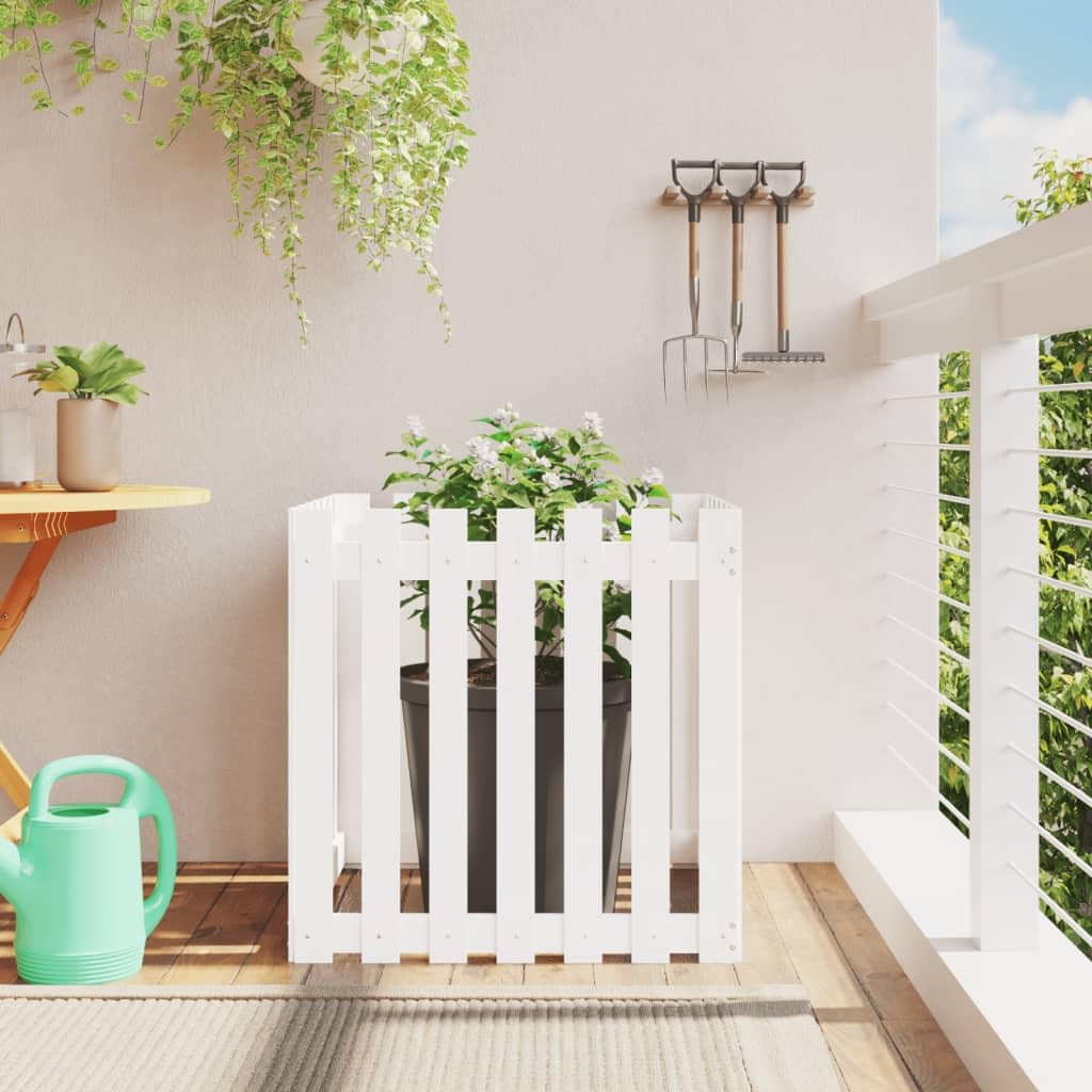 Macetero con diseño de valla de listones, color blanco, 70 x 70 x 70 cm, de madera maciza de pino para flores y plantas, maceta profunda con mucho espacio, uso versátil, material natural