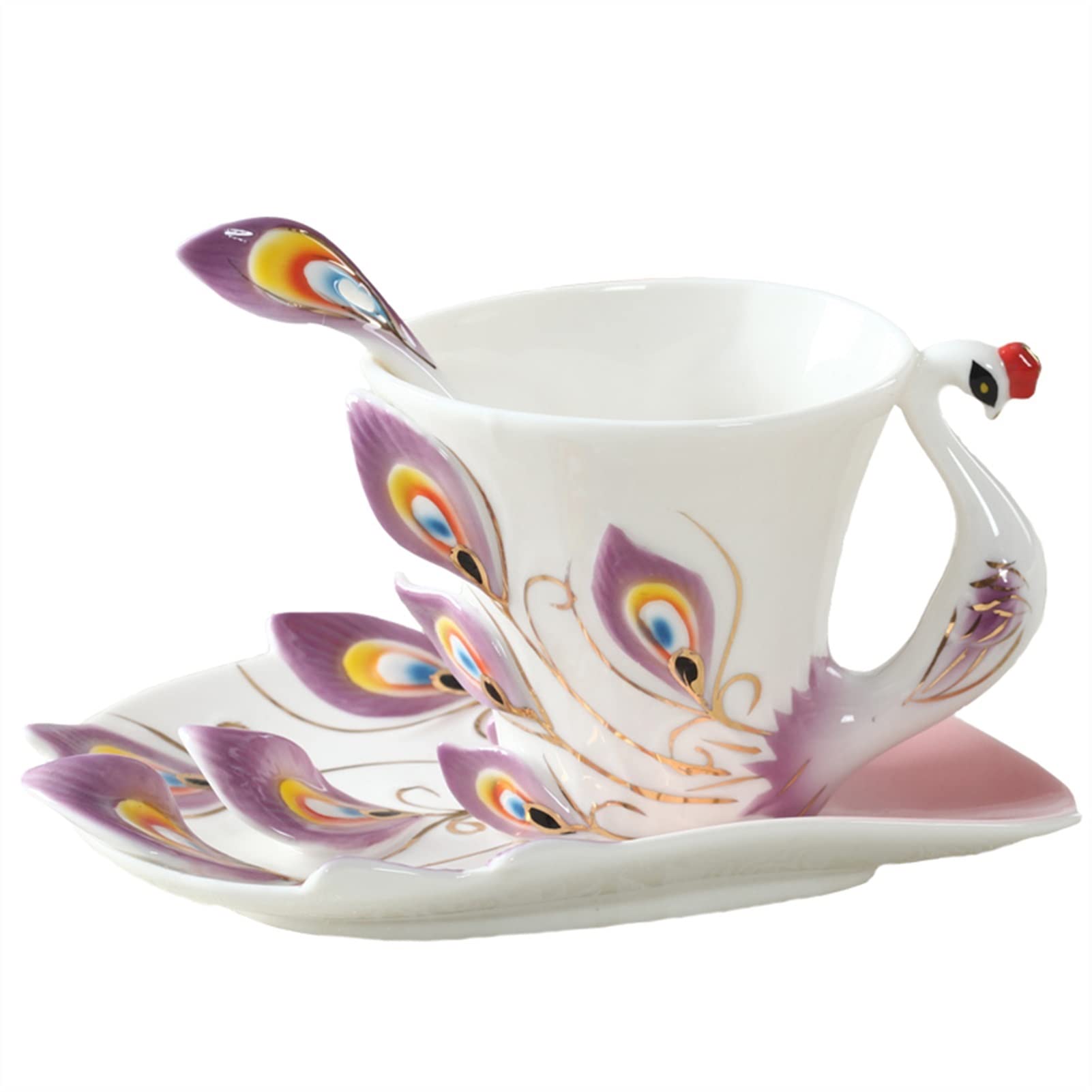 Persönliche Kaffeebecher, 1 Stück Pfauen-Kaffeetasse, Keramik, kreative Tassen, Bone China, 3D-Farbe, Emaille-Porzellan, Tasse, Tasse und Untertasse, Set (Kapazität: 180 ml, Farbe: A) ( Color : E )