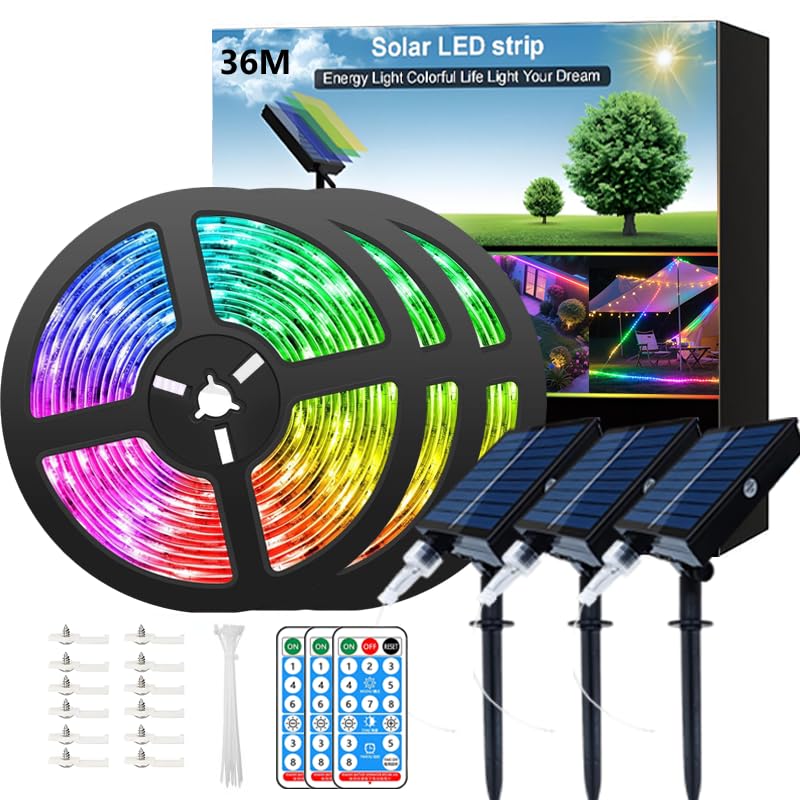 Meewata 36M Total (3x12M), 3 Pack Solar Strip Lights Outdoor Waterproof Multicolor