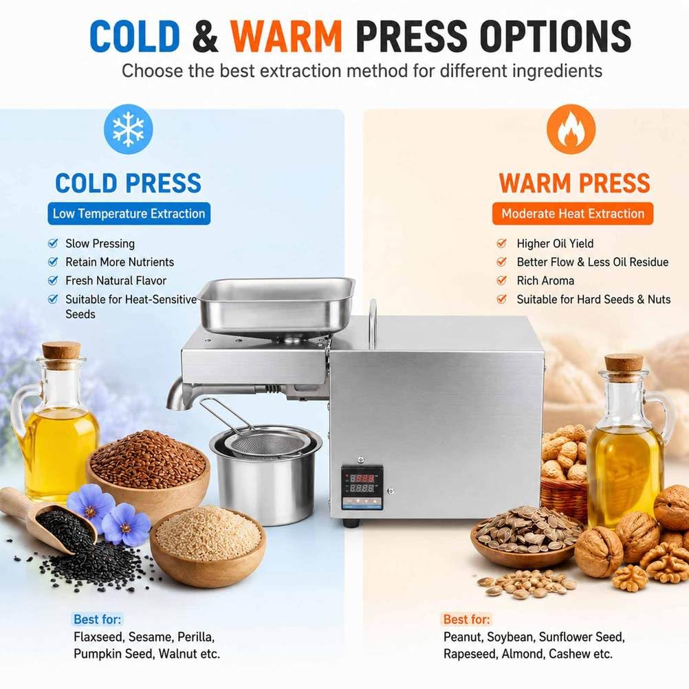 Ölpresse Maschine für Zuhause, Elektrische Ölpresse mit Kaltpressfunktion, Samenölpresse & Ölhersteller für Erdnuss Sesam Soja Nüsse, Edelstahl Küchengerät für Speiseöl