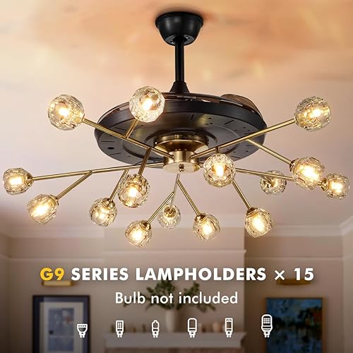 Miniatura 4 de Ventilador de techo de cristal con luz, ventilador de techo Sputnik de latón con hoja retráctil de 15 luces, temporizador de 6 velocidades, motor