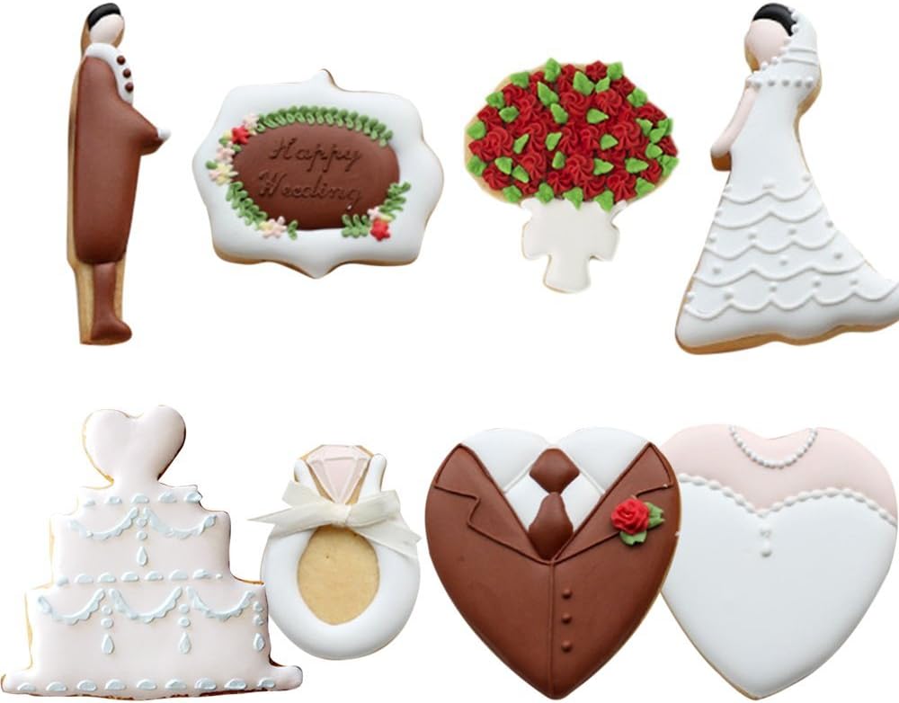 Wedding Cookie Cutter Set - Set of 7 - Bridegroom, Bride, Bouquet Flower, Diamond Ring, Plaque Frame, Wedding Cake, and Heart - in Durable Stainless Steel