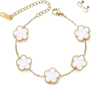 18K Gold Plated Four Leaf Clover Bracelet for Women Gold Bracelet Earring Jewelry Set Adjustable Bracelets Gold/White/Black/Red/Green Flower Leaf Link Lucky Bracelets Jewelry Gifts for Women