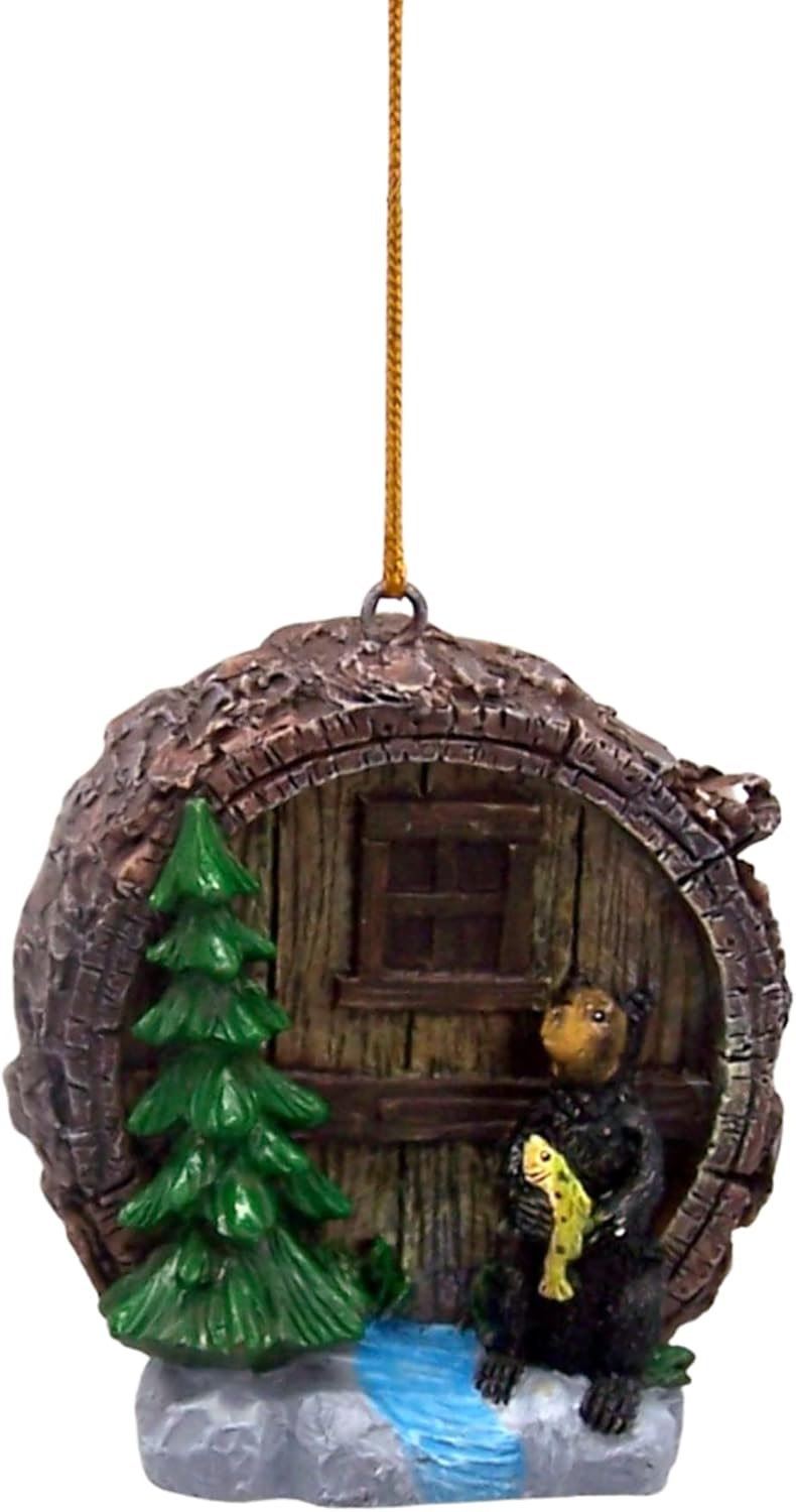 Fishing Bear at a Log Cabin Christmas Ornament, Holiday Décor, Rustic Theme, 2.5 Inches - Image 4