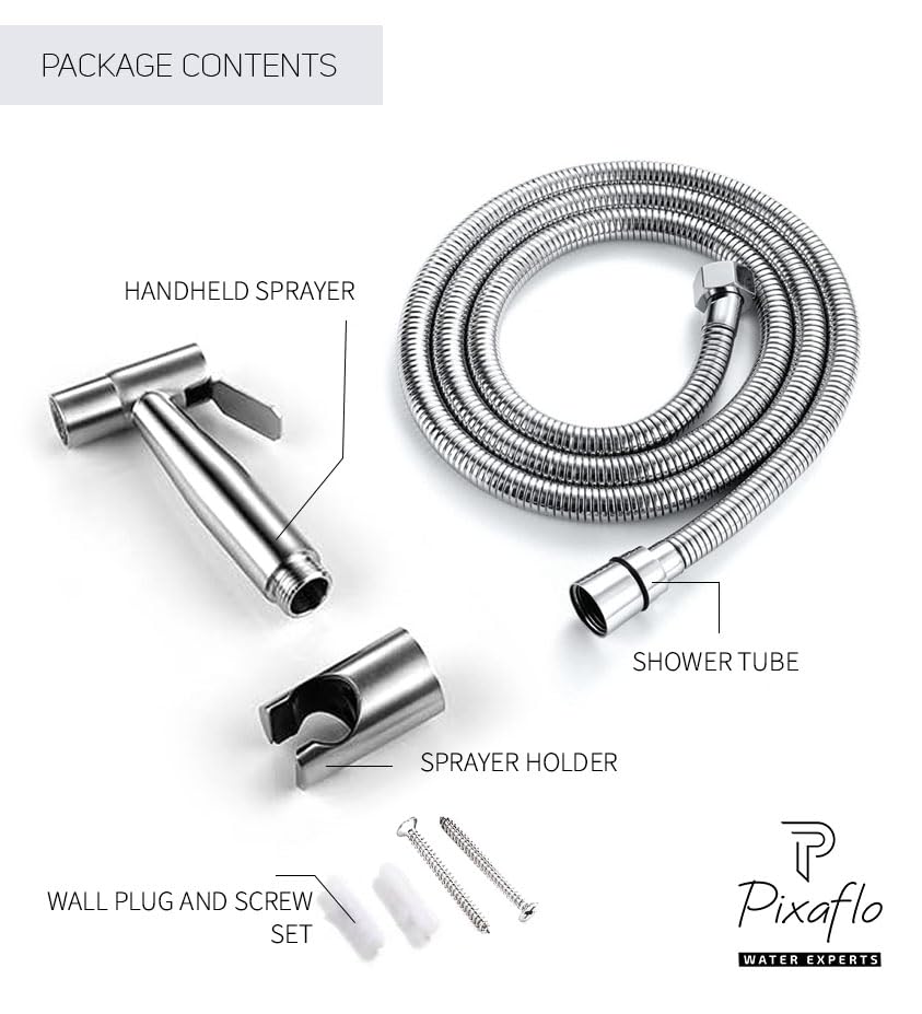 Image of Pixaflo Stainless Steel Health Faucet Set for Bathroom | Heavy Duty Jet Spray with 1.5 Meter Flexible Shower Hose & Wall Hook | Leak Resistant Toilet Spray Gun | Brushed Steel Finish