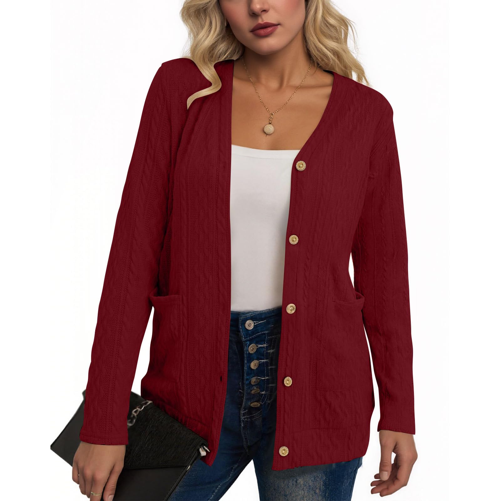 Womens Cable Knit Cardigan Sweater Long Sleeve Button Down Open Front Loose Fall Winter Knitwear with Pockets