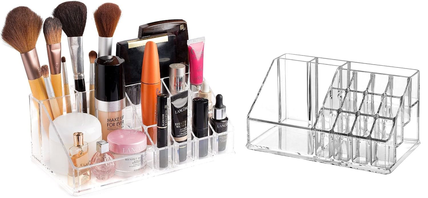 AuraHome DWD Cosmetic Clear Makeup, Hair Clips & Jewellery Organiser, Clear Acrylic 16 Section Dressing Table Holder Easy Visibility Desk Top Tidy Display Bedroom Bathroom