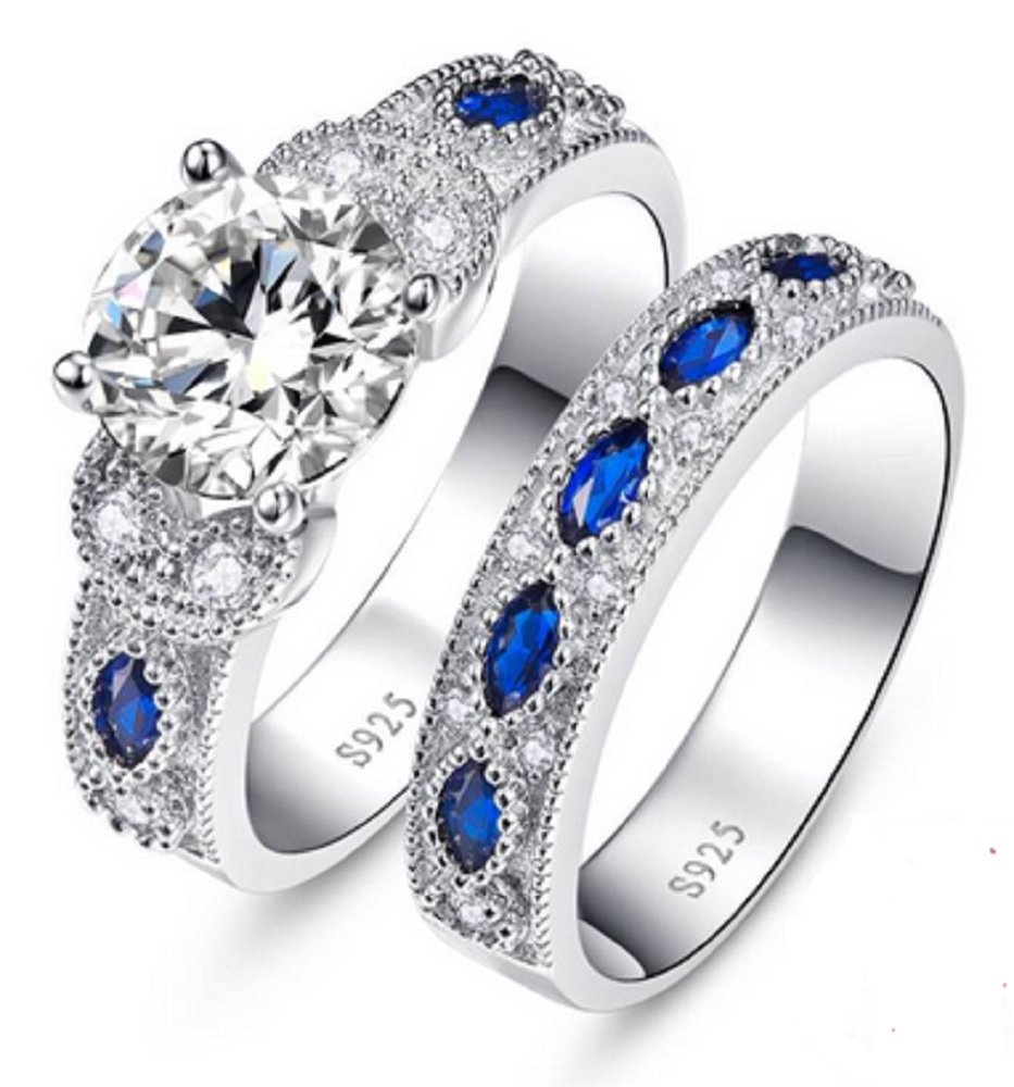 KHLSHOP White CZ&Sapphire Solid Real Sterling Silver Jewelry 2-Pcs Wedding Engagement 925 Silver Jewelry Ring Set (8)