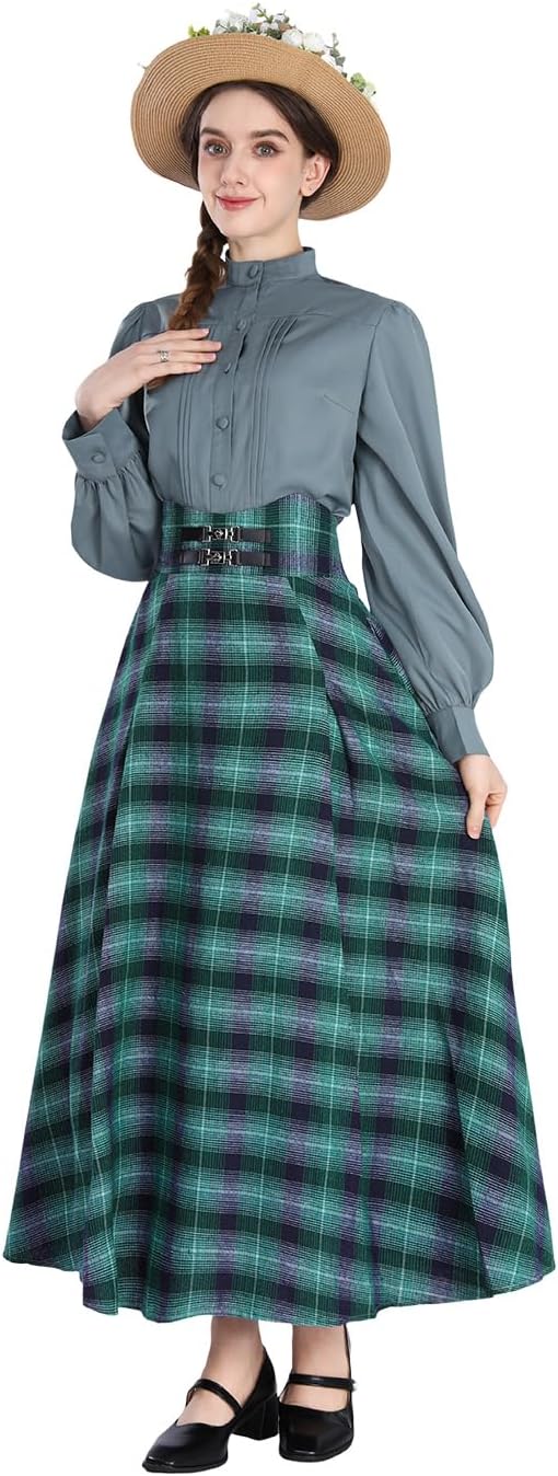 NSPSTT Victorian Dress for Women Medieval Renaissance Costume High WaistTartan Skirt Edwardian Blouse